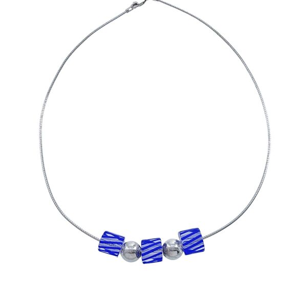 Vintage Sterling Silver 925 Blue White Striped Glass Bead Necklace 16" - Picture 2 of 5